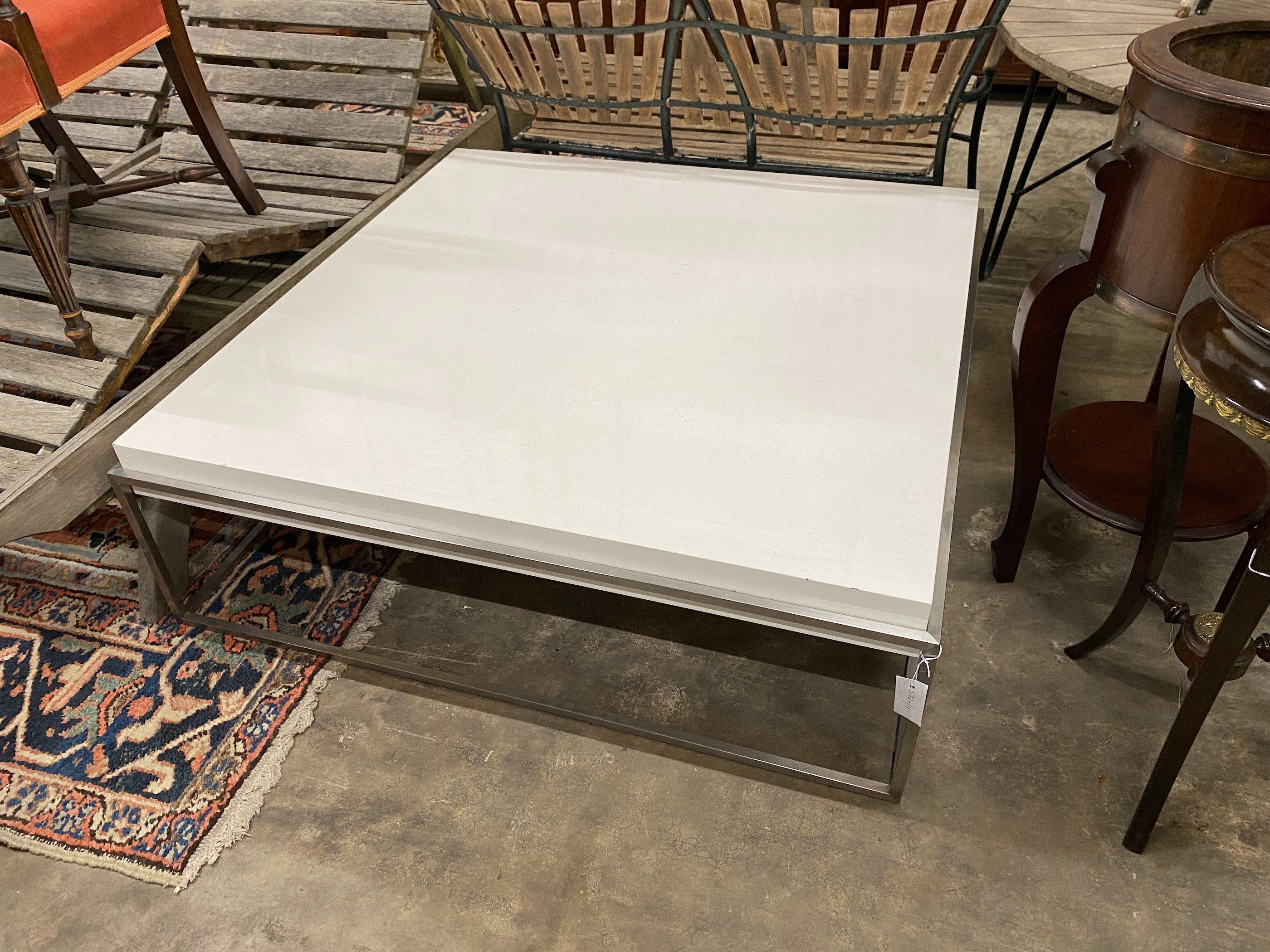 A BB Italia square white and brushed metal coffee table, width 110cm, height 35cm